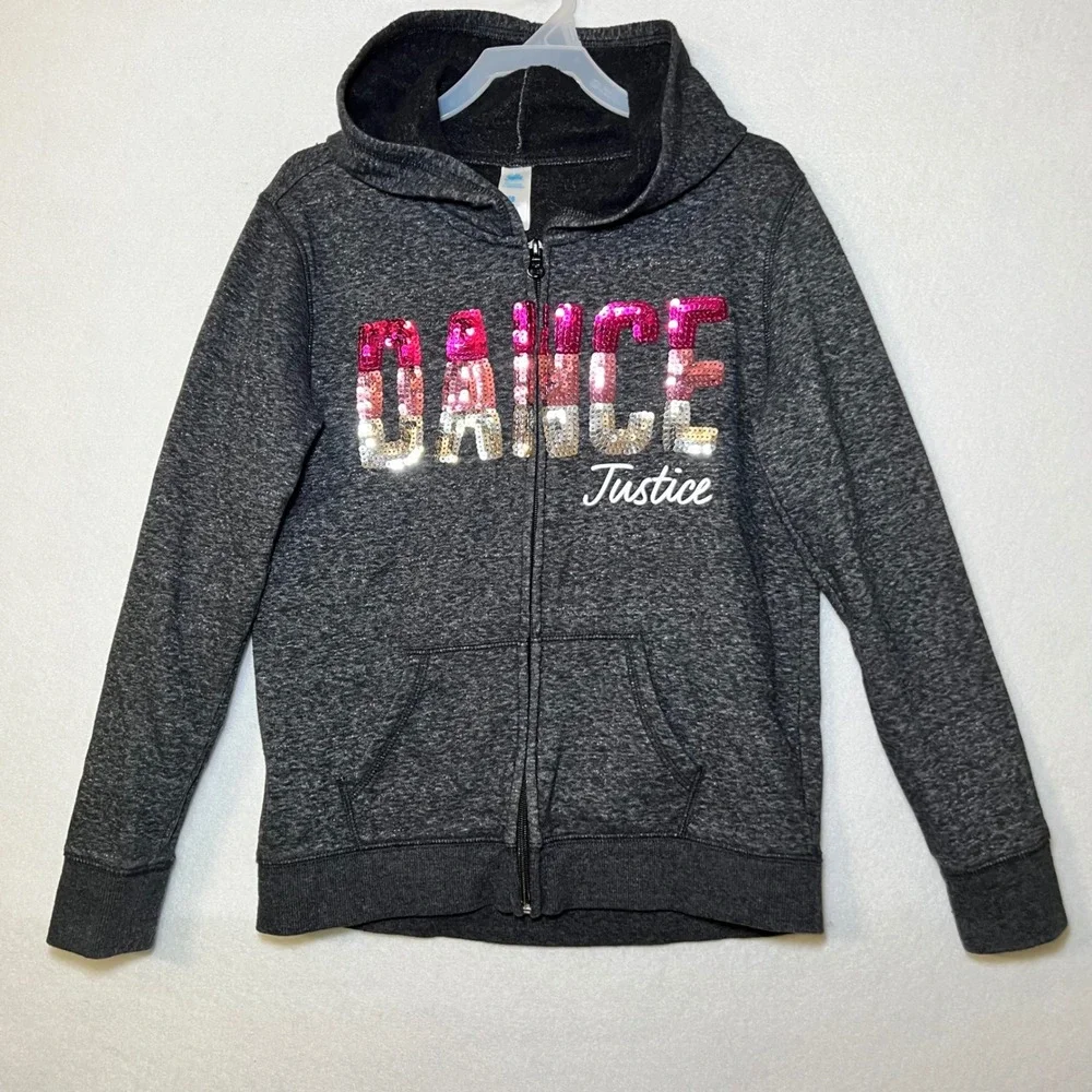 Justice Dance Sequin Zip Up Hoodie Charcoal Gray Heather Y2K Activewear Girls 10